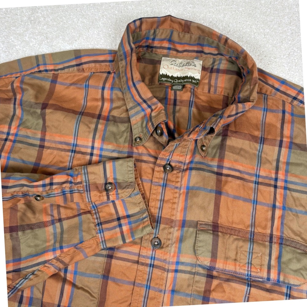 Cabelas Outfitter Series Mens 2XL Plaid Button Down Shirt Brown 905056